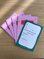 7th Birthday Party Set – 5 Invites + Cake Topper