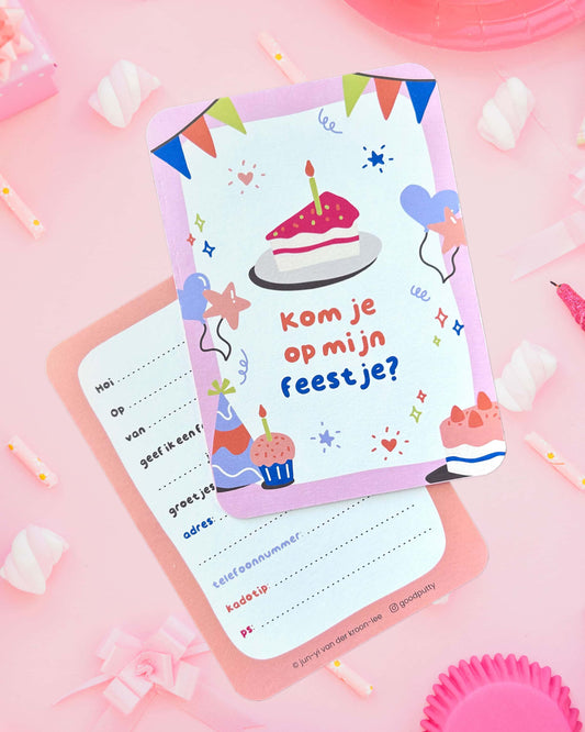 Invitation card with birthday cake illustration and text on a pink background with party decorations.