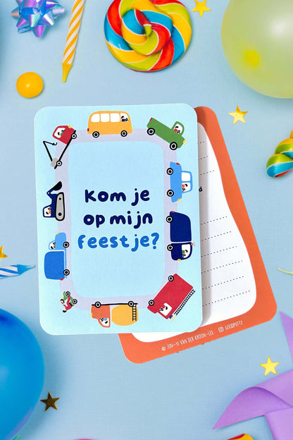 Children's birthday invitation card with colorful cars and trucks on a blue background with party decorations.
