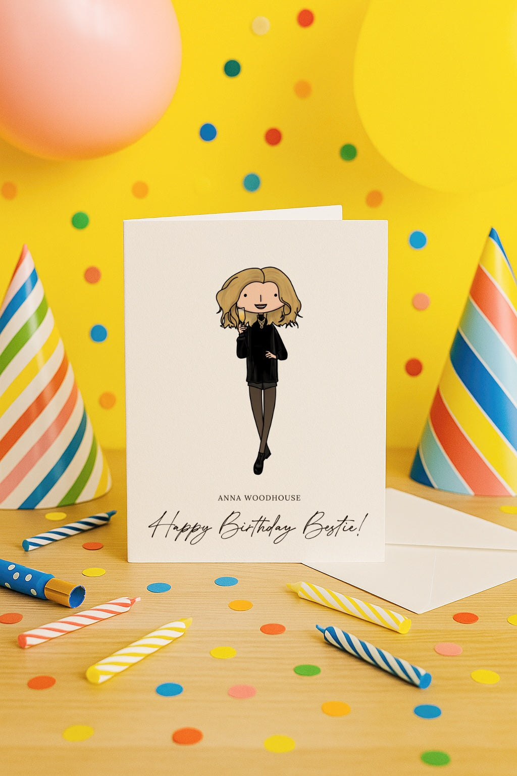 Birthday card with a custom portrait illustration of a person on a yellow background with candles and balloons.