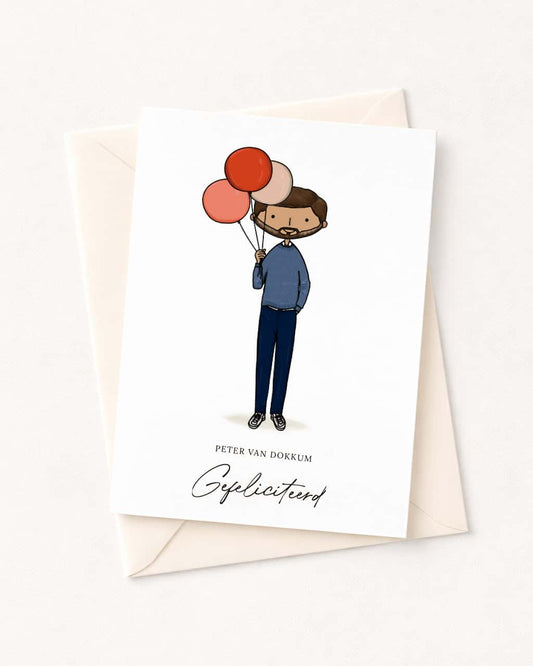 Greeting card with illustration of a person holding balloons and envelope on a white background