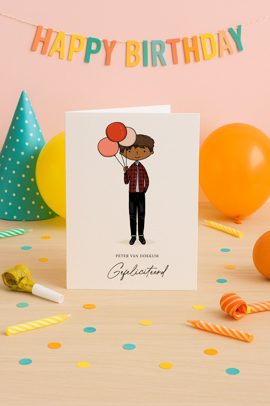 Birthday card with illustration of a person holding balloons, surrounded by party decorations on a pink background.