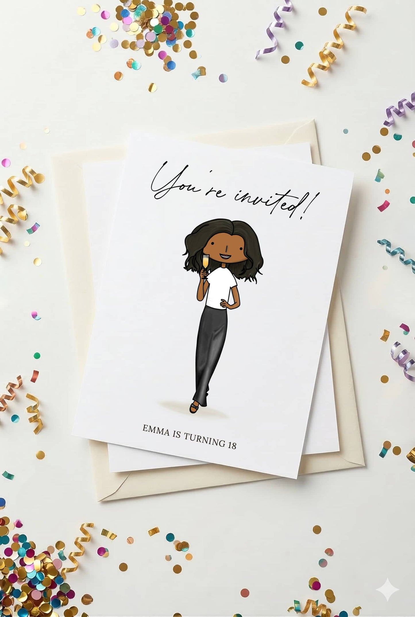 Invitation card with a portrait and 'You're invited!' text, surrounded by confetti on a white background.