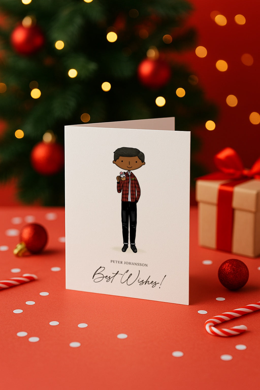Christmas card with a portrait illustration of a person holding a mug of hot chocolate, surrounded by festive decorations.