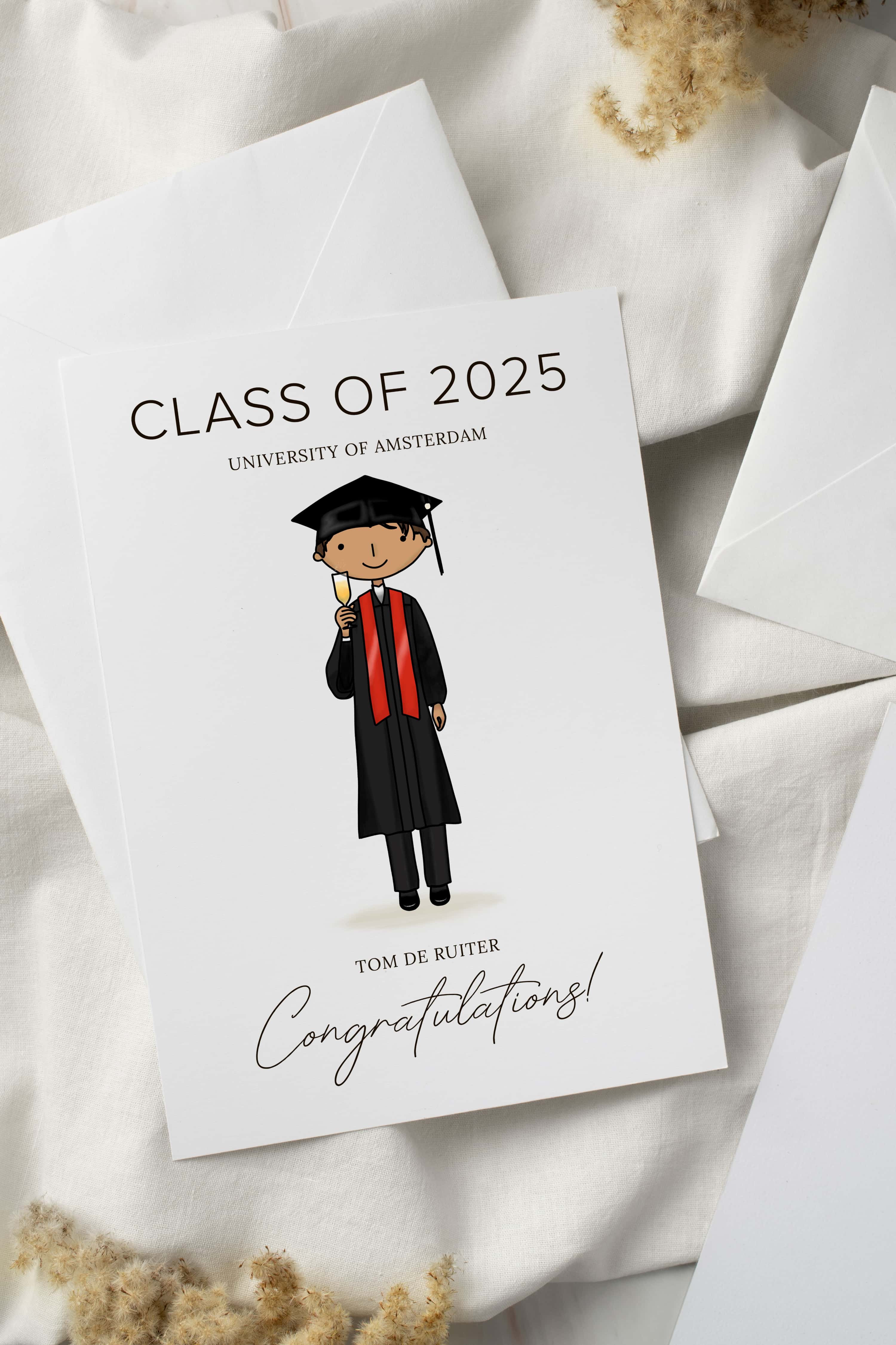 Graduation-themed card with a personalised graduate illustration, 'Class of 2025' text, and 'University of Amsterdam' on a white background.