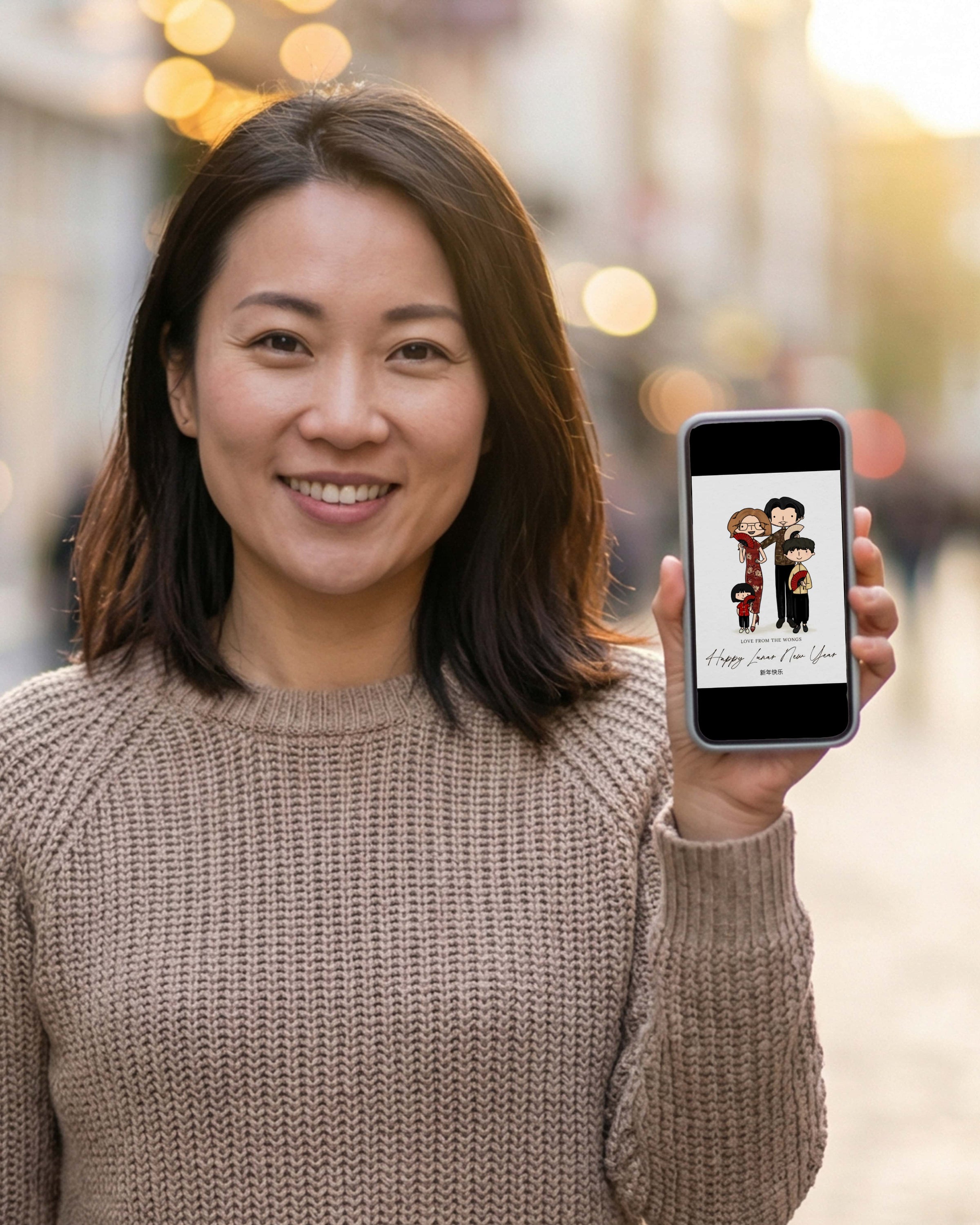 Woman holding a smartphone with a Lunar New Year greeting on a blurred street background