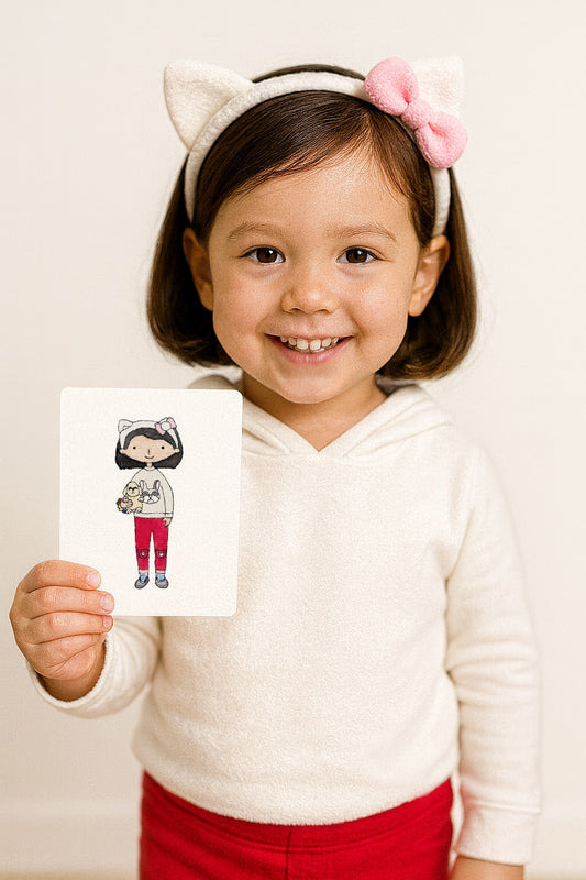 Child holding a card with a drawing of themselves wearing cat ears and a pink bow.