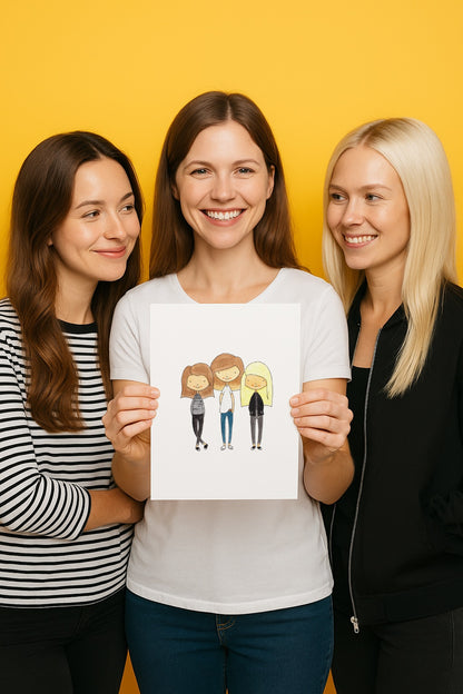 Three women holding a custom watercolour portrait of three people against a yellow background