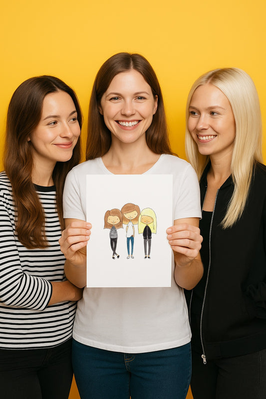 Three women holding a custom watercolour portrait of three people against a yellow background