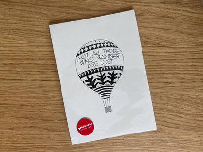 Art print with an original illustration of an air balloon with a traveller's quote