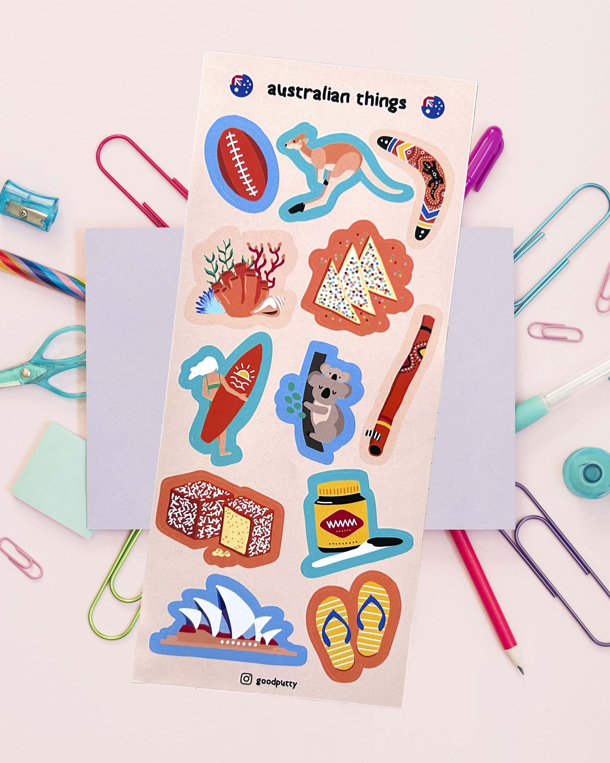 Sticker sheet with Australian-themed designs on a white background with stationery items.