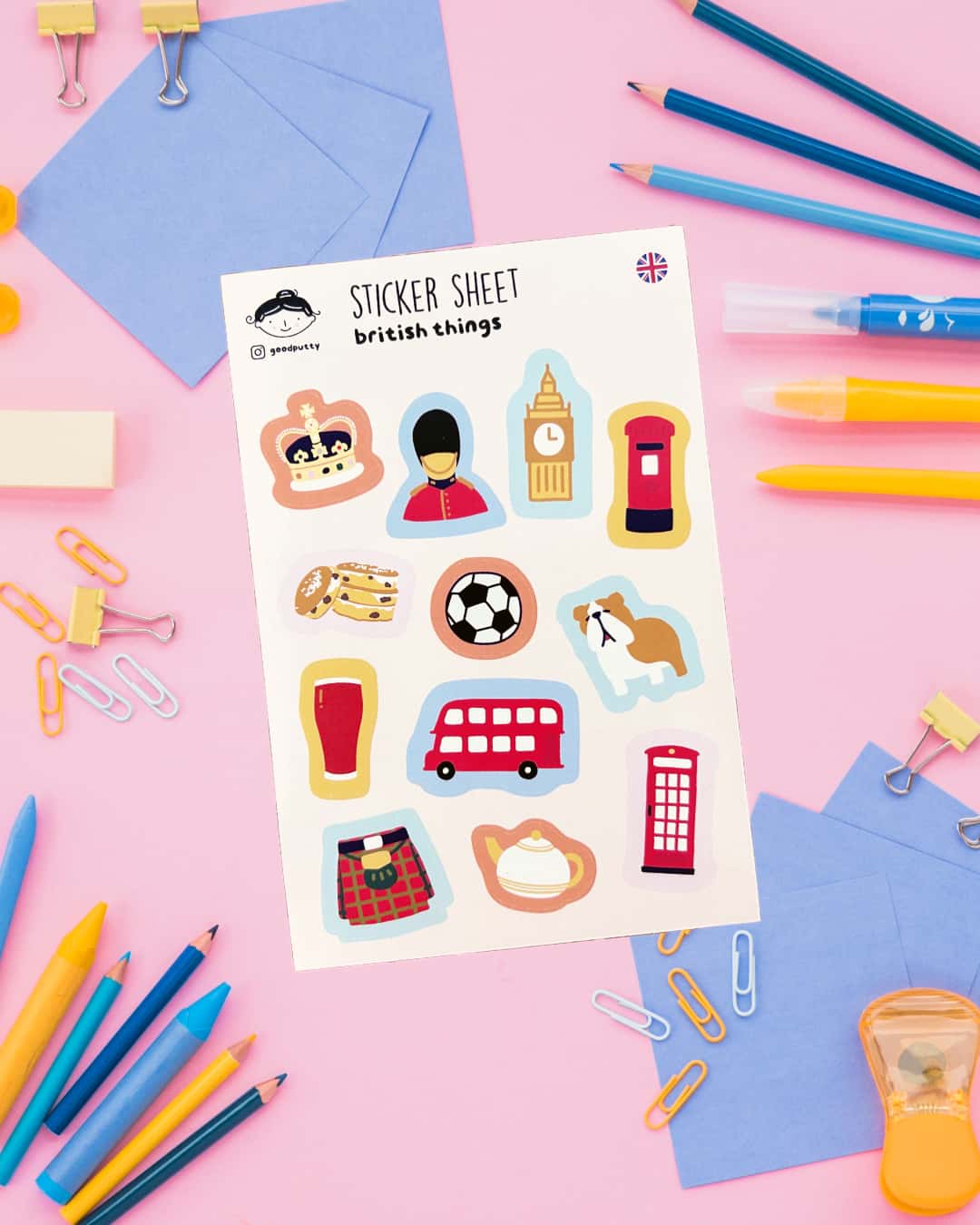 Sheet of stickers labeled 'British things' on a pink background with stationery items.
