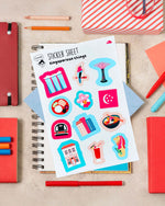 Stickervel met Singaporese cultuur – met de hand getekend en speels – voor liefhebbers van reizen en schrijfwaren