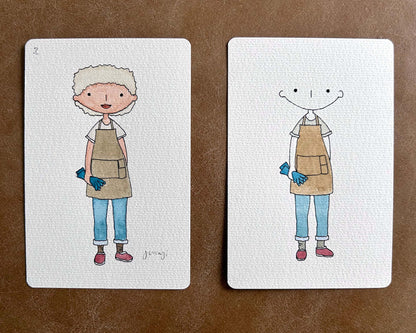 Two postcard-sized illustrations featuring a cartoon version of a person with a gardeners outfit, standing in front of a brown background.