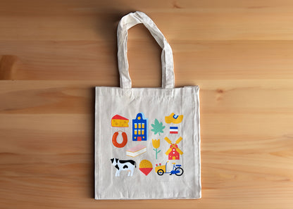 Dutch Culture Tote Bag – Hand-Drawn Holland Icons | 100% Cotton Reusable Shopper