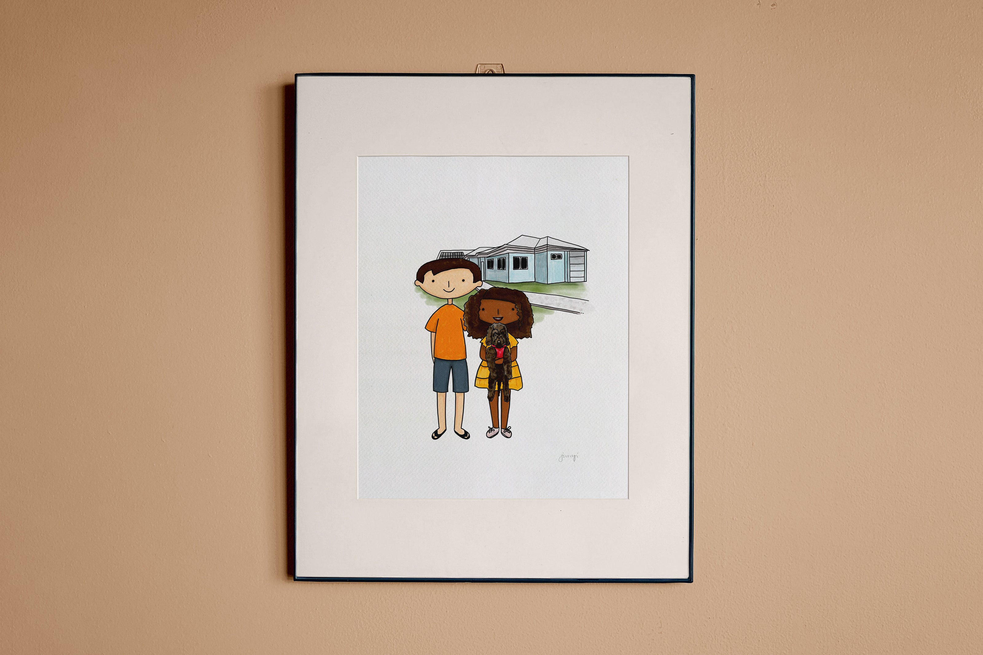 Image showing a digital portrait of a couple standing in front of their home with their dog