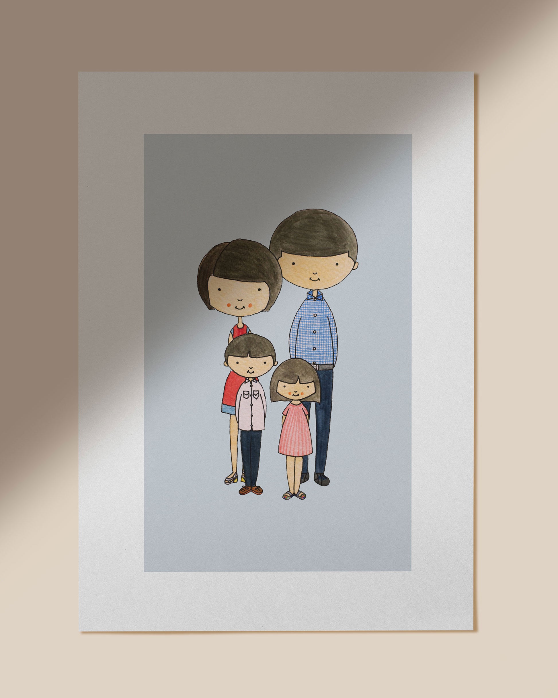 A custom watercolour portrait of a family with a father, mother, a boy and a girl.