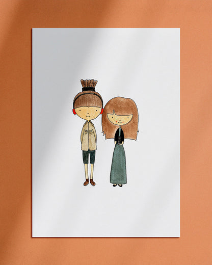 A custom watercolour portrait showing a couple with their favourite hobbies of music and photography