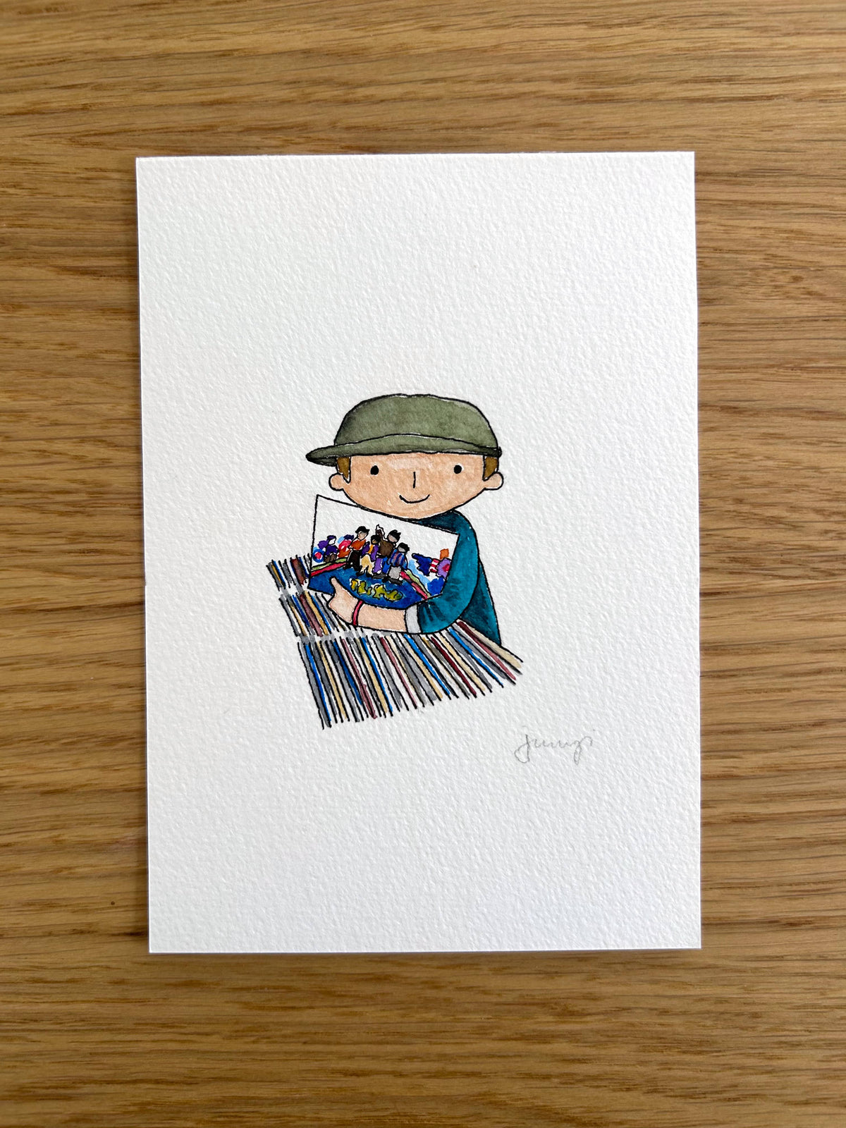 Original hand-painted music lover boy portrait