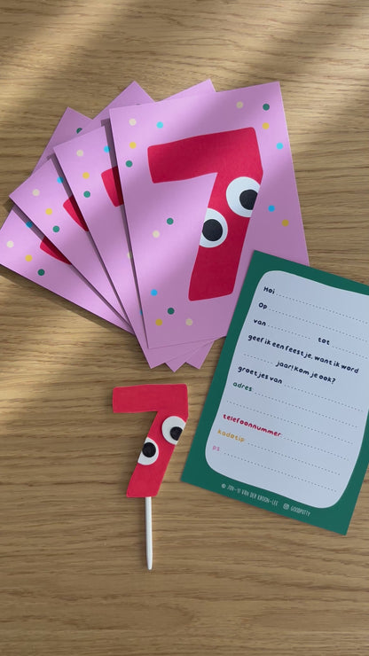 7th Birthday Party Set – Invites + Cake Topper